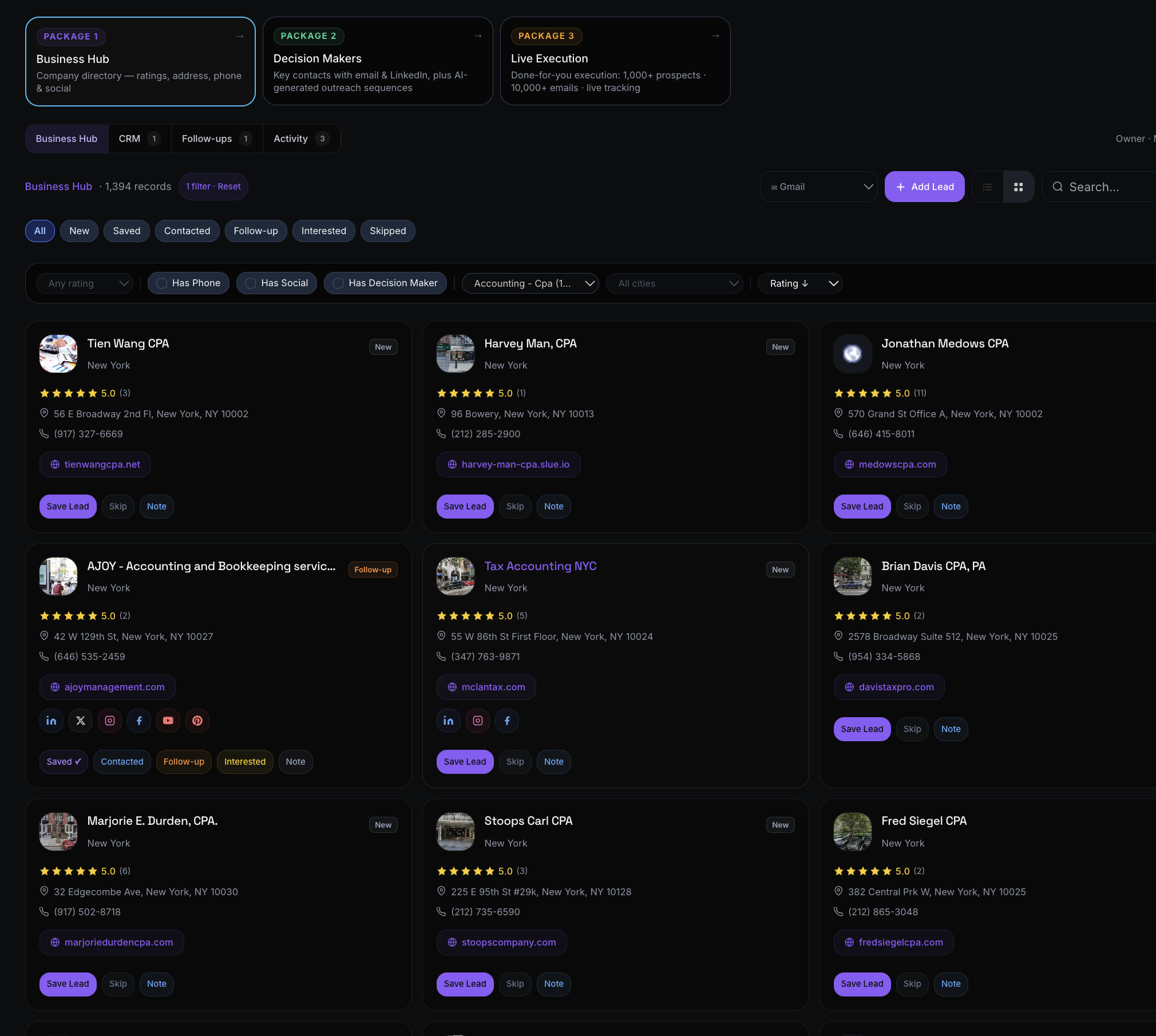 PrimeAxis Business Hub with lead cards, filters, ratings, websites, and save buttons